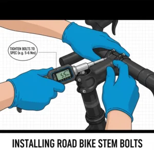 A close-up showing the process of tightening a road bike stem using a torque wrench.