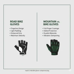 Comparison graphic illustrating the differences between road cycling and mountain bike gloves for men.