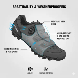 Graphic representation of the breathable and water-resistant materials used in premium gravel shoes.