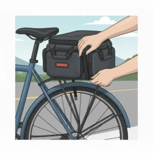 Close-up of the secure velcro strap system on a bike trunk bag.