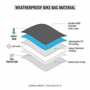 Cross-section showing the multi-layer water-resistant fabric of a bike bag for folding bike