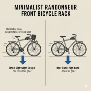 A minimalist randonneur front bicycle rack for lightweight handlebar bags.