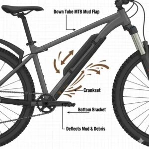 Illustration showing how an mtb mud flap on the down tube keeps debris away from the bike's bottom bracket.