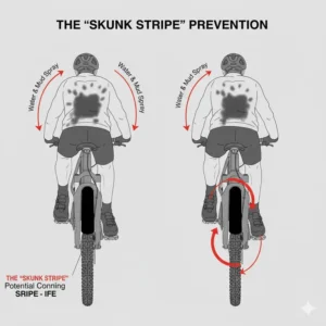 A visual representation of how gravel bike fenders block mud and water spray from the rider.