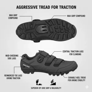 Visual breakdown of the aggressive rubber tread patterns on the outsole of gravel shoes for maximum grip.