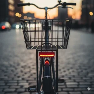 Rear view of a bicycle featuring a bike rack rear basket with an integrated safety reflector.