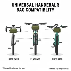 Illustration showing a universal fit handle bar bag on different types of handlebars.