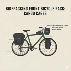 Versatile bikepacking front bicycle rack and cargo cages on a mountain bike.