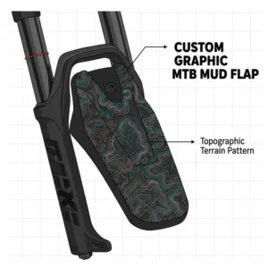A stylish mtb mud flap featuring custom topographic graphics used for both bike protection and personalization.