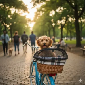 A small dog sitting comfortably inside a padded bike rack rear basket during a park ride.