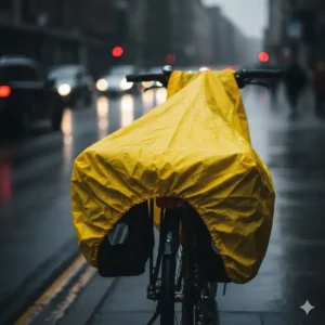 A bright yellow waterproof rain cover pulled over bicycle back rack bags to protect gear from moisture.