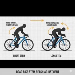 An educational graphic explaining how a road bike stem affects rider reach and posture.