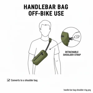 Illustration of a handle bar bag being used as a shoulder bag with a strap.