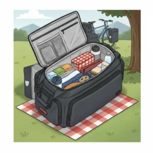 An insulated trunk bag used as a cooler for drinks and food.