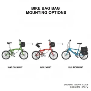 Infographic comparing handlebar, saddle, and rear rack mounting for a bike bag for folding bike.