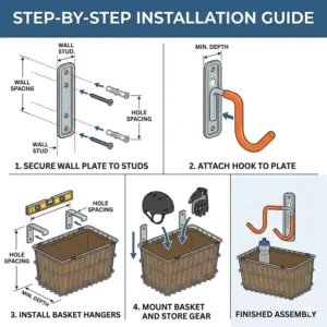 Step-by-step diagram for the correct installation of a bike hook and basket onto wall studs.