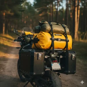 Waterproof luggage and panniers as vital motorcycle camping accessories for long trips.