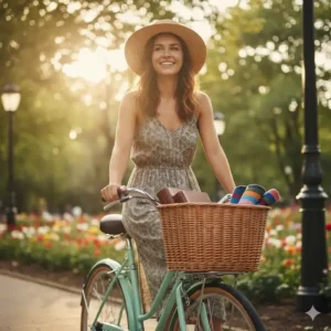 A happy woman riding a bike with wooden bicycle baskets rear rack in a sunny park.