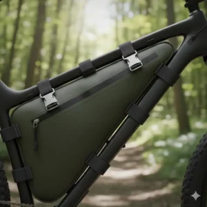 A close-up of a waterproof frame bag mtb mounted securely within the bike triangle.
