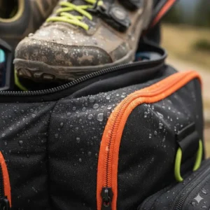 Close-up of the waterproof and tear-resistant fabric of a mountain bike gear bag with water droplets.