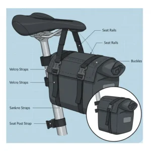 Illustration showing how to secure a bike saddle pack to seat rails using heavy-duty Velcro straps.