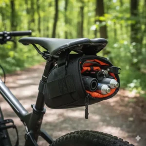 A compact saddle bag mtb tucked under the seat containing essential bike repair tools.