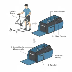 An educational diagram demonstrating how to pack a road bike into a scicon bicycle bag correctly.