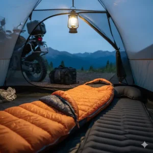 Compact sleeping bags and pads are indispensable motorcycle camping accessories for comfort.