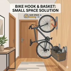 Compact apartment storage solution featuring a vertical bike hook and basket to save floor space.