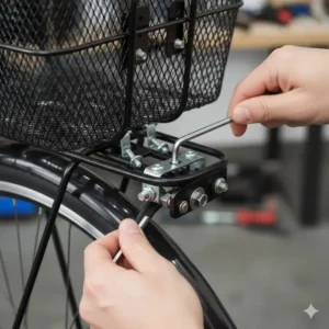 Close-up of hands installing sturdy bicycle baskets rear rack using professional tools.