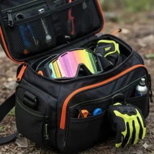 Interior view of a mountain bike gear bag featuring dedicated slots for goggles and gloves.