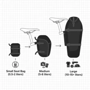 A diagram comparing different volumes and sizes of a bike saddle pack for various cycling trips.