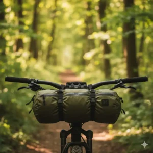 A large capacity handlebar bag mtb attached to the front of a mountain bike for bikepacking.