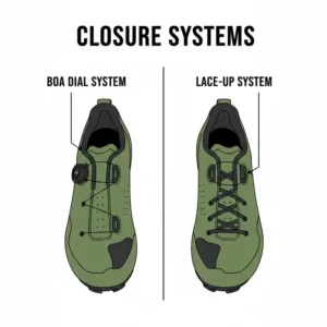 Comparison between BOA dial and lace-up closure systems used on the best gravel bike shoes.