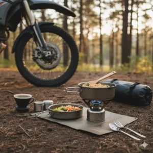 Portable cooking gear and stove systems designed as motorcycle camping accessories.