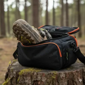 A mountain bike gear bag with a separate ventilated compartment for muddy MTB shoes.