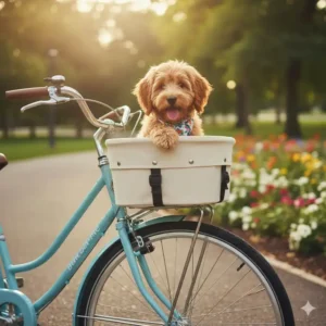 A cute dog sitting comfortably inside specialized pet-friendly bicycle baskets rear rack.