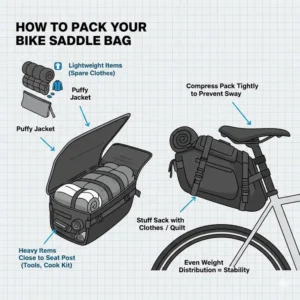 Illustration of the best way to organize gear inside a bike saddle pack to prevent swaying.