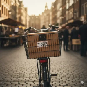 A large delivery box placed securely inside a wire bicycle baskets rear rack.