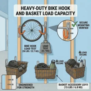 Weight capacity and load test illustration for a heavy-duty steel bike hook and basket.