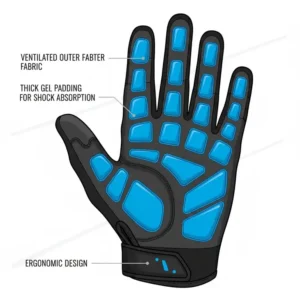 Detailed diagram showing the ergonomic gel padding of the best rated cycling gloves for shock absorption.