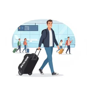 Illustration of a cyclist traveling through an airport terminal with a scicon bicycle bag on wheels.