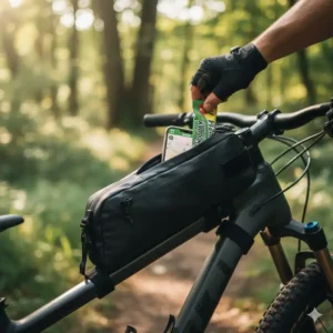 A slim top tube bag mtb used for quick access to energy gels and a smartphone.