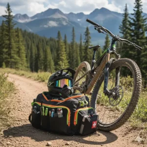 A durable mountain bike gear bag sitting next to a mountain bike on a dirt trail.