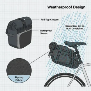 A close-up illustration of the ripstop fabric and roll-top closure of a durable bike saddle pack.
