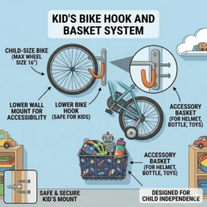 Accessible child-friendly height setting for a colorful bike hook and basket in a playroom