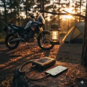 Solar power banks and LED lanterns are helpful electronic motorcycle camping accessories.