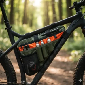 Interior view of an open bag mtb showing organized pockets for CO2 cartridges and tools.