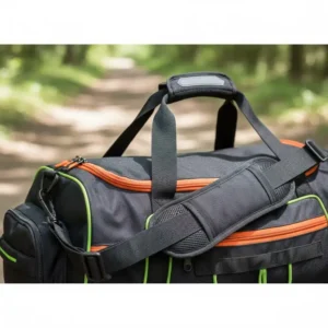 Padded shoulder straps and ergonomic handles on a heavy-duty mountain bike gear bag.