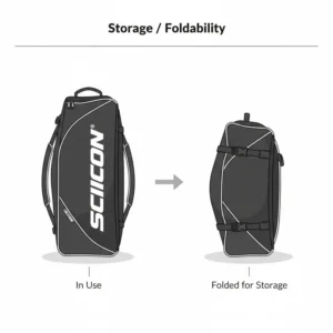 Side-by-side comparison of a scicon bicycle bag in use and folded for compact storage.